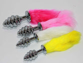 Faux Rabbit Tail Ribbed Butt Plug Silver Large